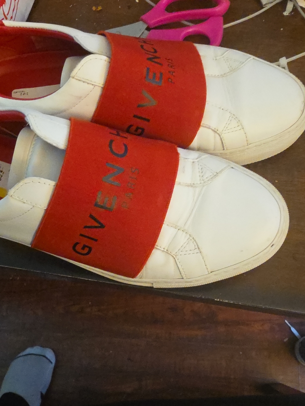Givenchy White Leather Slip-On Sneakers with Red Elastic Band